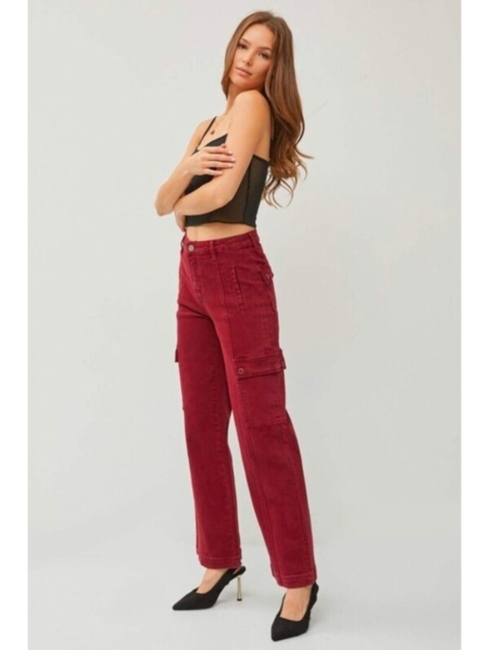 Risen High Rise Wide Leg Cargo Pants in Burgundy - Size 27